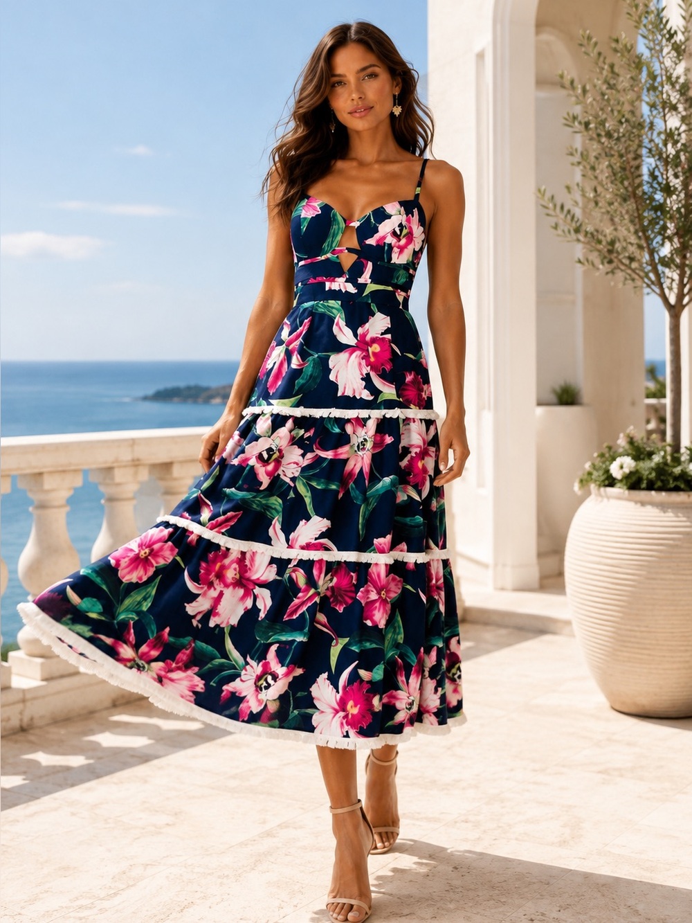 PatBO Laelia Fringe Trim Midi Dress Tropical Floral Cutout Navy Size 8 NWT